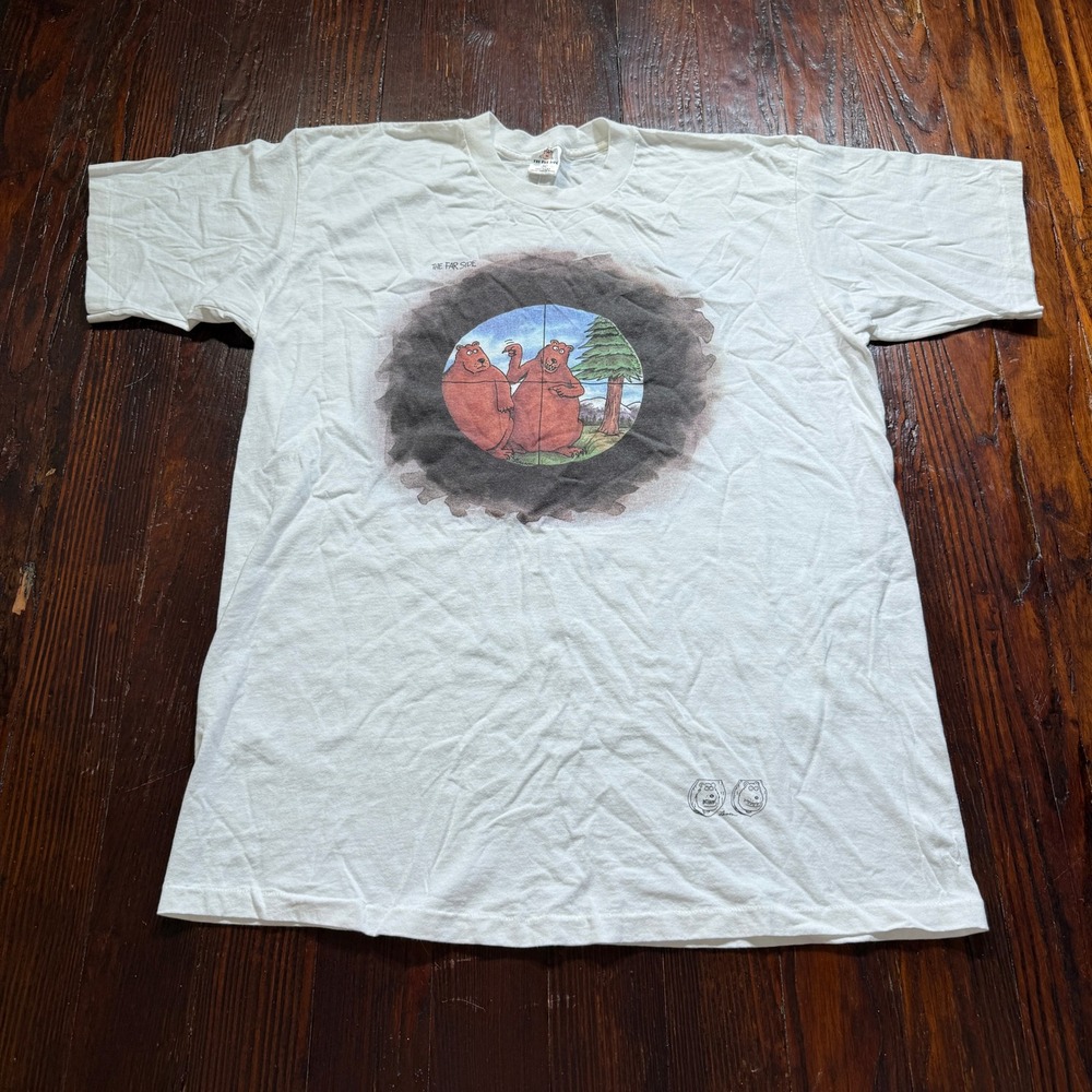 Vintage 90s Far Side Shirt Mens XL White Single Stitch Bear Crosshairs USA Made